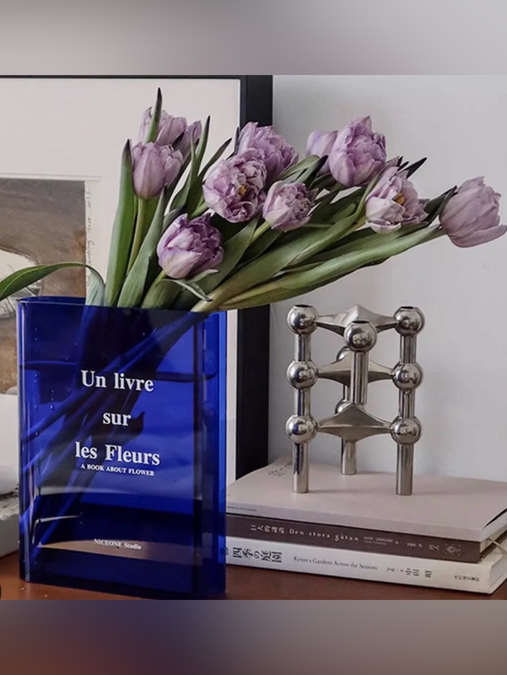 New Elegant Purple Tulip Bouquet in Blue Acrylic Vase - Home Accents